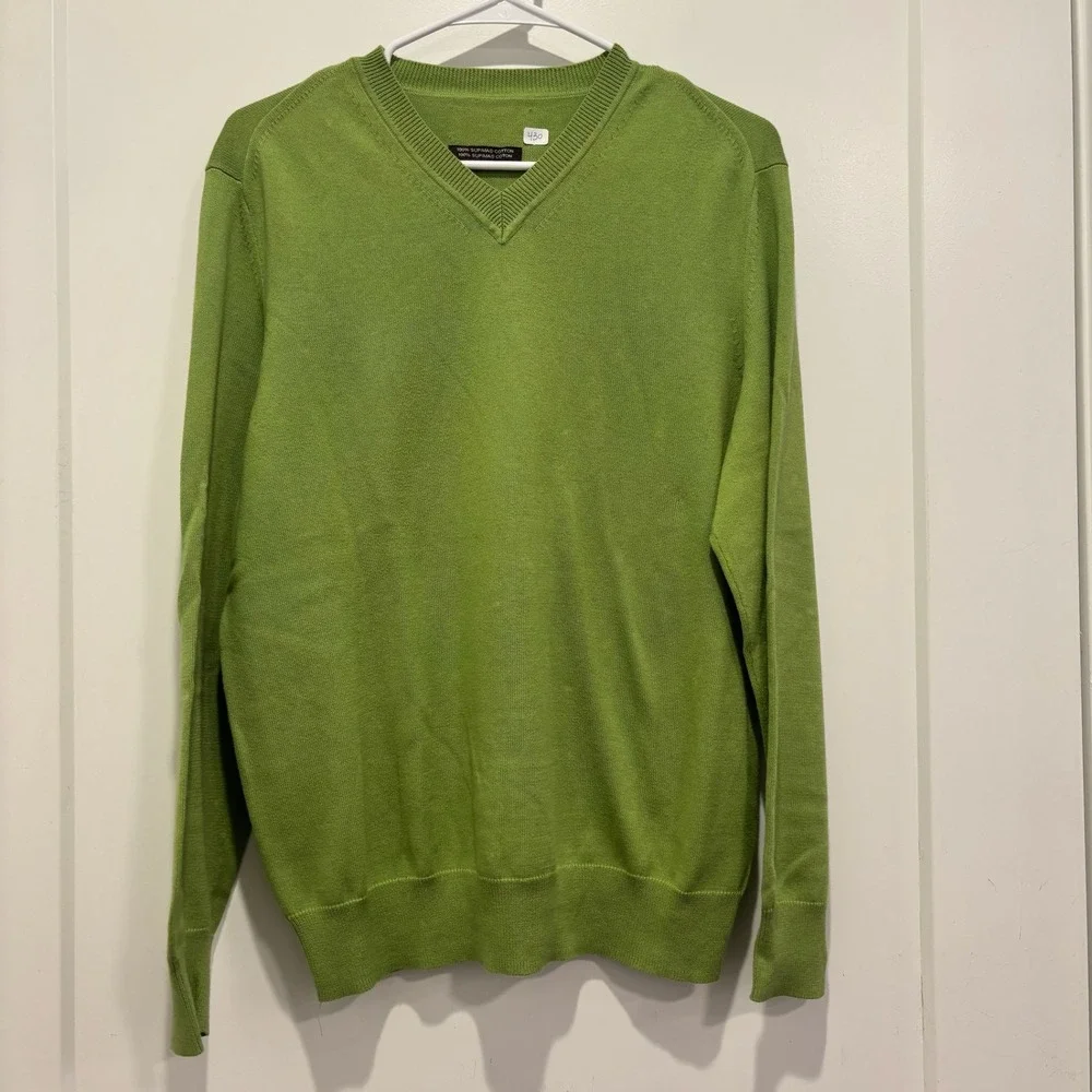 Talbots Supima Cotton V-Neck Sweater Lime Green‎ Lightweight Knit Mens Pullover